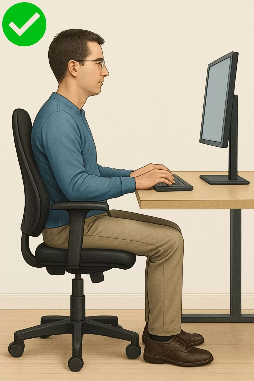 Postura ergonómica correcta con altura mesa escritorio adecuada, espalda recta y monitor a nivel de los ojos