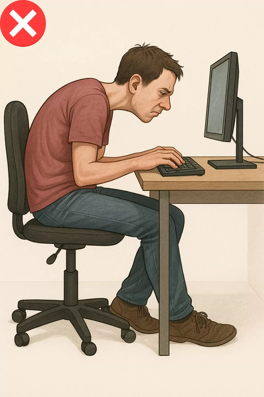 Ejemplo de postura incorrecta por mala altura de la mesa de escritorio, con espalda encorvada y monitor mal ubicado