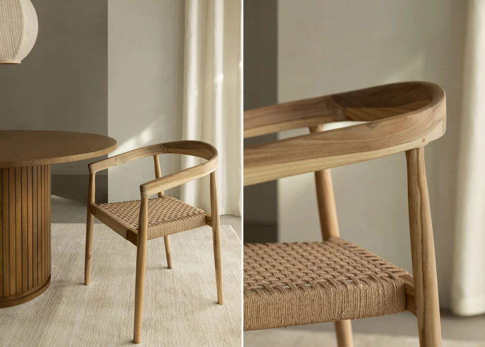 Silla apilable de madera en salón comedor rectangular de 20 metros, perfecta para decorar espacios pequeños con muebles funcionales y ligeros.