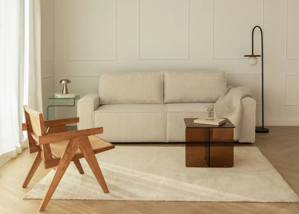 Decoración minimalista en salón comedor rectangular de 20 metros con sofá compacto, alfombra clara y muebles ligeros para maximizar espacio y luz.