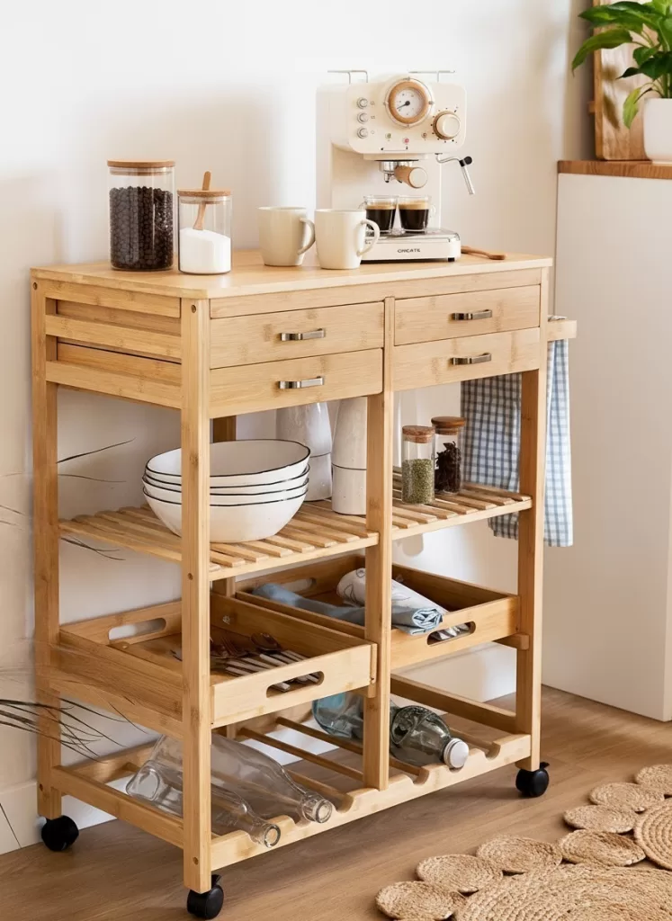 Carrito barista móvil de madera con cafetera y almacenaje para decorar un rincón para el café en casa
