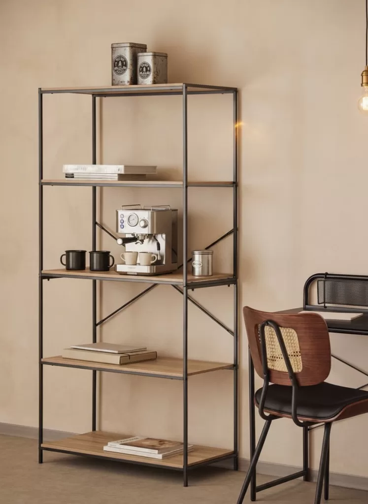 Estantería industrial de metal y madera con cafetera y tarros para decorar un rincón para el café con carácter