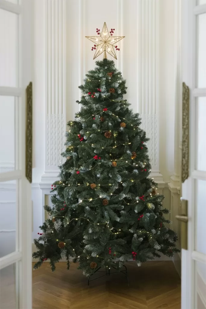 Sapin de Noël entièrement décoré avec une étoile au sommet et un pied dissimulé, illustrant le résultat final.