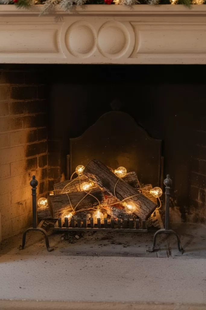 Kamin-Weihnachtsdekoration mit warmen Lichterketten und beleuchteten Holzscheiten für winterliche Gemütlichkeit.