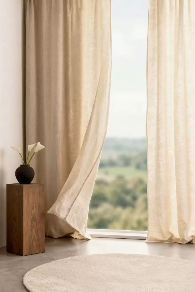 Rideaux en coton beige translucide filtrant la lumière naturelle et ajoutant de la verticalité à un élégant salon beige et blanc.