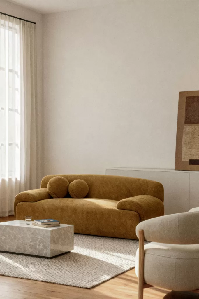 Estilo moderno con sofá curvo beige y mesa de centro en piedra, salón neutro con cortinas claras y luz natural