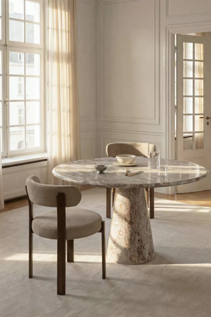 Mesa de jantar redonda com tampo em mármore branco com veios e base cilíndrica numa sala de estar iluminada, ilustrando como limpar mármore.